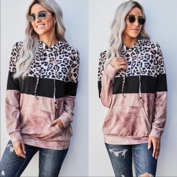 Mauve Leopard Print Color Block Hooded Sweatshirt - Picture 3 of 4